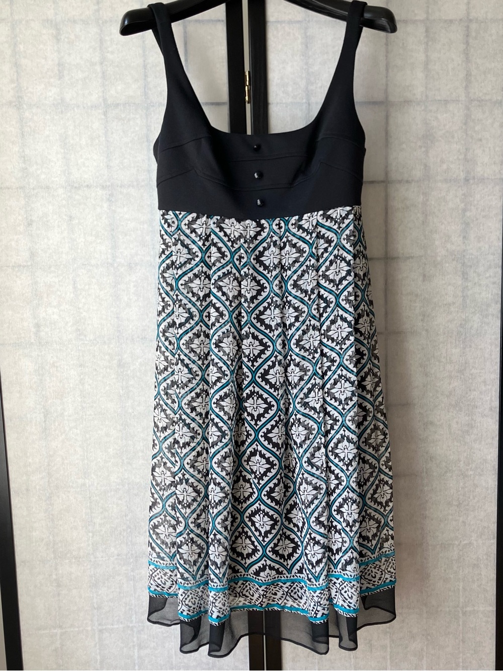 Vintage ICE Silk Black Bodice Flowy Turquoise White Black Patterned Dress